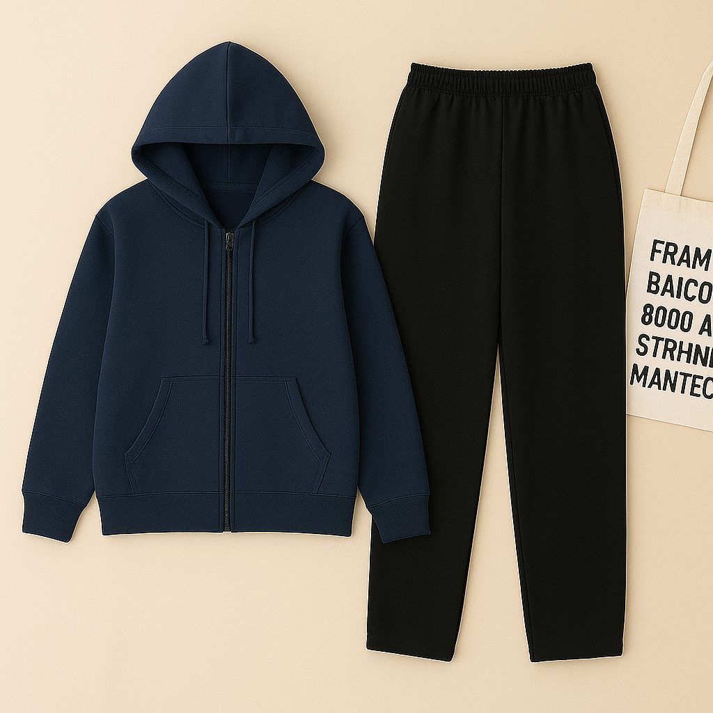 Navy Blue Zipper And Black Trouser set