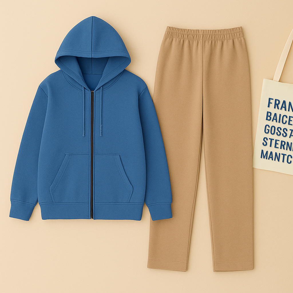 Blue Zipper And Beige Trouser set
