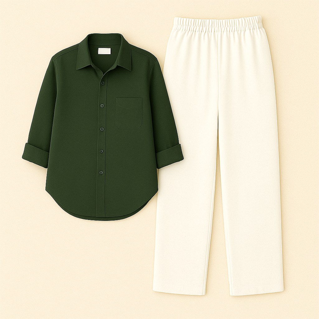 Dark Green Shirt & White Pant Set