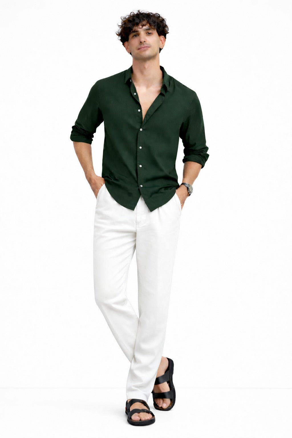 Dark Green Shirt & White Pant Set