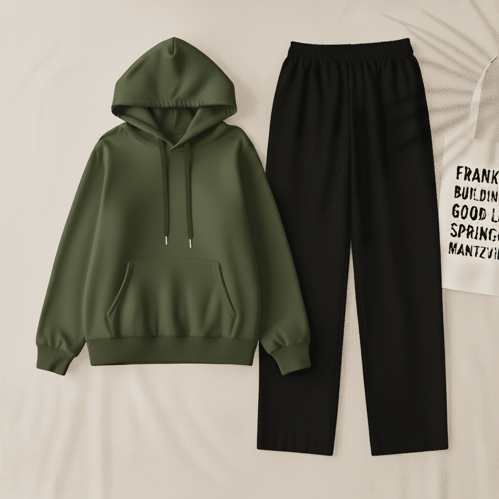 Olive Hoodie & Black Flapper Trouser