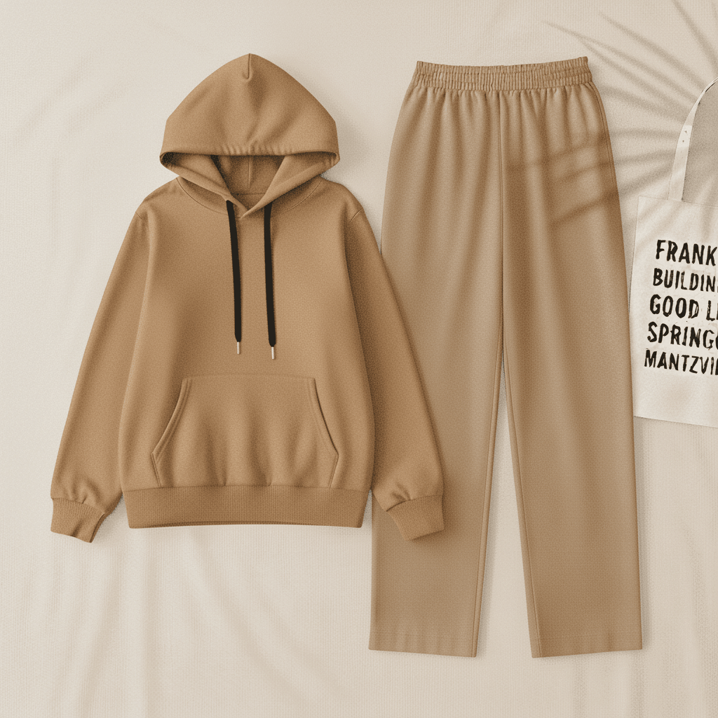 Camel Hoodie & Beige Flapper Trouser